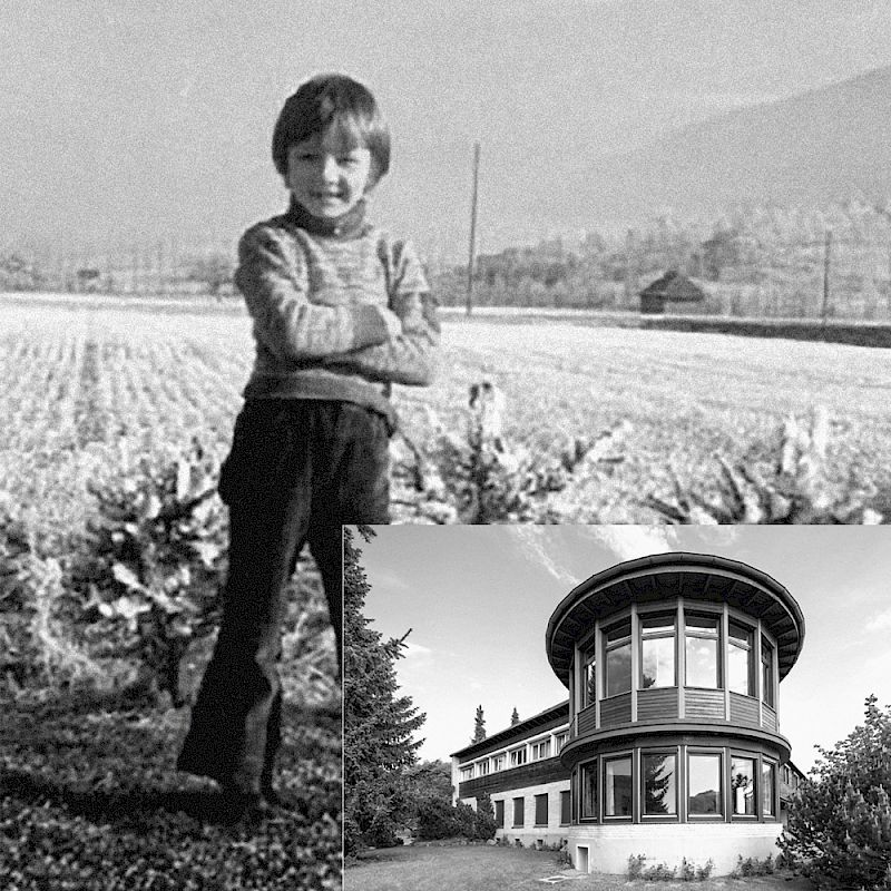 Guido Fluri als Jugendlicher und das ehemalige Kinderheim Mümliswil (1939–1973), heute Nationale Gedenkstätte für Heim- und Verdingkinder.